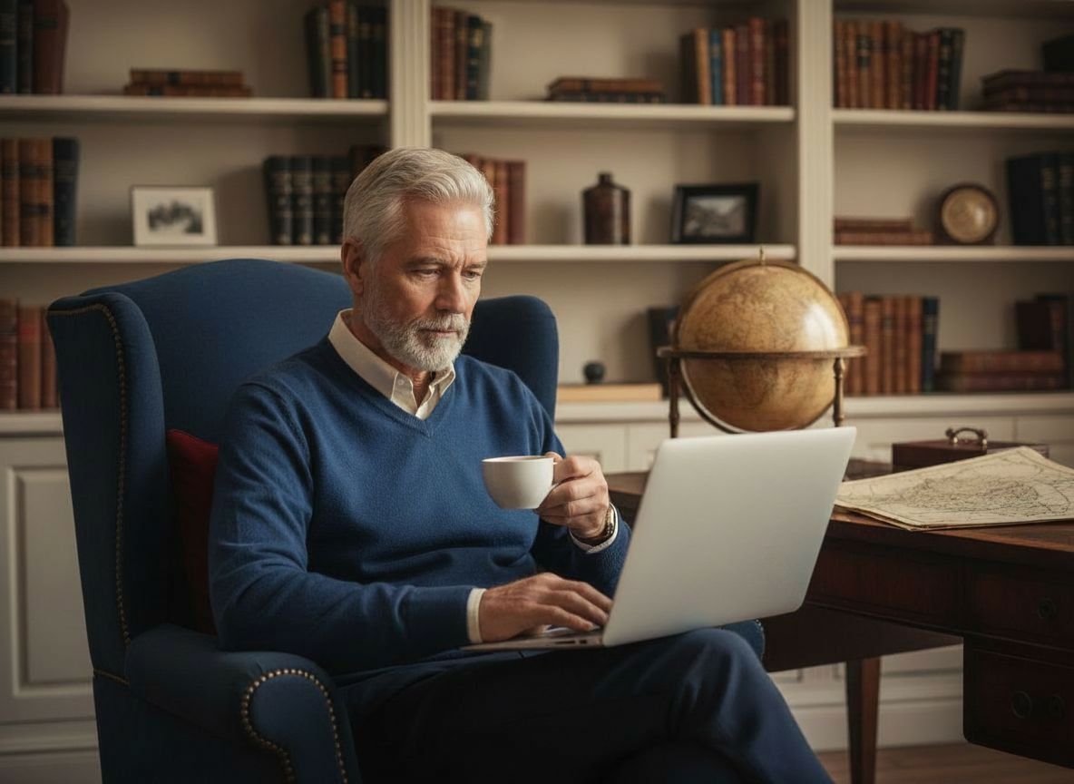 A prospective donor researches a candidate on a laptop in a home study